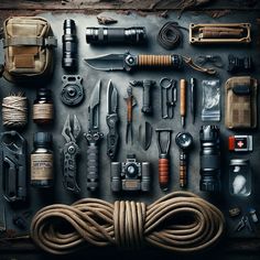 an assortment of different tools are displayed on a metal surface with ropes and other items