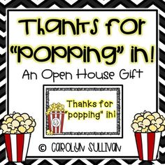 a black and white chevroned background with popcorns for popping in an open house gift