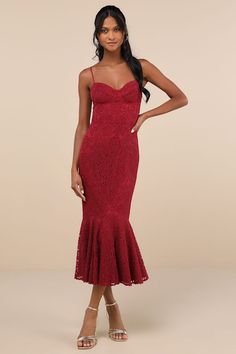 Found Your Love Wine Red Lace Sleeveless Trumpet Midi Dress Red Lace Midi Dress, Midi Dress Outfit, Red Lace Dress, Lace Midi Dress, Red Lace, Dress 100, Large Size Dresses, Wine Red, Grosgrain Ribbon