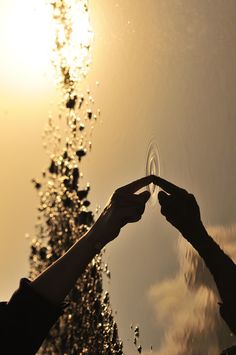 two hands reaching out towards each other in front of a tree with water droplets on it