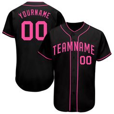 a black baseball jersey with pink lettering on the chest and name, team name is 00