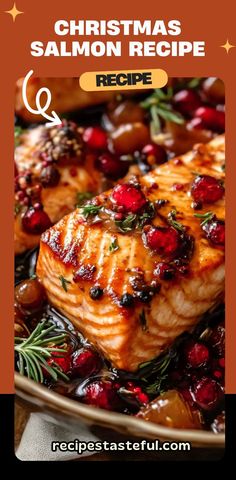 christmas salmon recipe with cranberry sauce and rosemary garnish