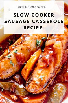 slow cooker sausage casserole recipe with text overlay