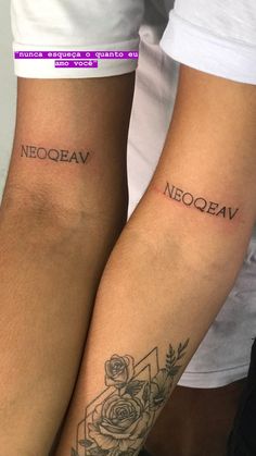 two people with matching tattoos that say neoeav and neoeav on their arms