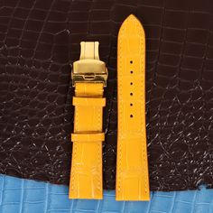 Yellow Genuine Leather Watch Band Strap Alligator Replacement Watch Strap Band Quick Release Pins Choice of Width, color Buckle and Stitches * Ethically sourced leather form special farms (We don't use leather sourced in wild nature). Country of origin is Vietnam - We use Zermatt lining that is safe even if you have a strong allergy on natuaral materials or you have extra high sweating all time.  - Changing easily with quick release spring bars, not require any special tools or skills. - Hand-stitches by linen thread.  - Several padded layers of leather inside. - Very thin (only 0.1 mm) anti-stretch material inside. - Including 4 layers: Zermatt lining, anti-stretch material, leather padding, - Using 3 layers of a special reliable paint to polish the edges. - The thickness of 3- 5 mm at lu Gold Leather Watch Strap, Gold Leather Wrist Strap For Watches, Luxury Gold Leather Strap Watch Bands, Adjustable Leather Strap Cuff Watch Bands, Leather Wrist Strap For Watches, Everyday Use, Leather Watch Bands With Adjustable Strap, Rectangular, Leather Watch Band, Zermatt, Leather Watch Bands