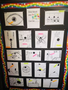 a bulletin board with pictures and words on it that say one black dot can be