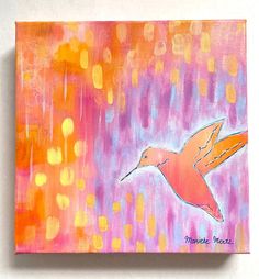 an acrylic painting of a hummingbird flying in the sky with yellow and pink colors