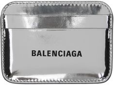 Patent calfskin card holder in metallic silver-tone. · Logo printed at face · Four card slots · Central note slot · Buffed calfskin lining · H3 x W4 in Supplier color: Silver/Black Silver Wallet, Wallet Pouch, Card Holders, Card Slots, Calf Skin, Metallic Silver, Balenciaga, Slots, Silver Tone