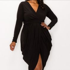 Plus Solid Wrap-Style Draped Dress Black Draped Midi Dress For Fall, Black Draped Dress For Fall, Fitted Black Faux Wrap Dress, Black Fitted Faux Wrap Dress, Black Faux Wrap Formal Dress, Formal Black Faux Wrap Dress, Draped Midi Dress For Night Out In Fall, Fall Midi Draped Dress For Night Out, Draped Midi Dresses