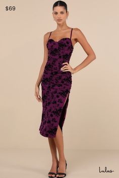 Your admirers will be wrapped around your finger in the Lulus Decadent Flirt Purple Mesh Velvet Ruched Bodycon Midi Dress! A black, velvet floral design adorns stretchy mesh knit as it shapes adjustable spaghetti straps, a sweetheart neckline, and a ruched, bustier-style bodice with supportive boning. High, fitted waist sits atop a bodycon midi skirt with flattering ruching throughout and a flirty side slit. Hidden back zipper/clasp. Fit: This garment fits true to size. Length: Mid-calf length. Mesh Midi Dress, Bodycon Midi Skirt, Bodycon Midi Dress, Bodycon Midi, Strapless Bra, Midi Dress Bodycon, Large Size Dresses, Dress 100, Cup Size