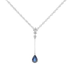 A pear-shaped blue sapphire gemstone drips from three round brilliant cut diamond accents crafting this blue sapphire drop pendant in 10K white gold. Blue Sapphire’s vivid yet calming beauty tops the list of colored gemstones for an elegant accessory with a regal personality. | Blue Sapphire Drop Pendant Necklace with Diamond Accents | 10K White Gold | Size 18" | Helzberg Diamonds Sapphire Necklace Simple, Blue Diamond Necklace, Diamond Drop Necklace, Blue Pendant Necklace, Neck Pieces Jewelry, Necklace With Diamond, Sapphire Necklace Pendants, Tanzanite Necklace, Blue Sapphire Necklace