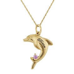 Get up to 10 characters engraved on this dolphin pendant necklace and choose one birthstone option. Any girl will be charmed to wear a leaping dolphin sporting her own name.Metal: Sterling silverStones: Simulated birthstone Setting: ProngClosure: Spring-ringDimensions: 18" long chainPendant Size: 15x15mm longCare: Wipe CleanCountry of Origin: Made in USGemstones may be treated and may require special care.Jewelry photos are enlarged to show detail.Use letter key below to represent each month.A=J Dolphin Pendant, Dolphin Ring, Mermaid Party Ideas, Dolphin Necklace, Jewelry Photos, Necklace Pendants, Marine Biology, Girls Jewelry