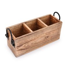 a wooden box with four compartments and handles