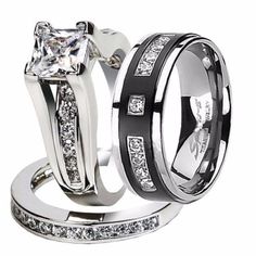 Women's Ring: 2.10 Ct Princess Cut Cubic Zirconia Stainless Steel Wedding Ring Set Men's Ring: Solid Titanium Wedding Band (6mm Width For Sizes 6 - 8, And 8mm Width For Sizes 9 - 13) Please Read Comments For Additional Ring Details. St0w383-Arti4317 Princess Wedding Ring, Cartier Wedding Rings, Couples Wedding Rings Set, Princess Wedding Rings, Steel Princess, Camo Wedding Rings, Stainless Steel Wedding Ring, Michael Johnson, Matching Wedding Rings