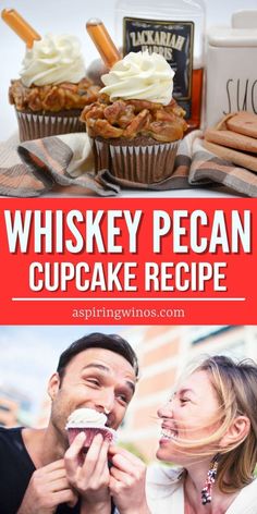 a man and woman eating cupcakes with the caption whiskey pecan cupcake recipe