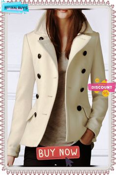 Long Sleeve Urban Plain Regular Fit Jacket White Double-breasted Pea Coat For Winter, White Double-breasted Pea Coat For Fall, White Double-breasted Pea Coat For Spring, White Winter Outerwear With Double Button Closure, Casual White Pea Coat For Winter, White Fitted Pea Coat For Fall, Fitted White Pea Coat For Fall, White Double-breasted Winter Blazer, White Casual Pea Coat For Spring