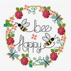 a cross stitch pattern with the words bee happy