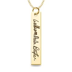 Create a cute Personalized look with this bar pendant. Created in 10K white, yellow, or rose gold, this classic choice features a handwritten message - provided by you - expertly transferred using modern technology. Further customize this look with a line of text - up to 20 characters in length - inscribed along the backside. Buffed to a brilliant luster, this pendant suspends along an 18.0-inch rope chain that secures with a spring-ring clasp. Place your order; 2) Text a photo of your handwriti Gold Bar Pendant, Custom Engraved Bracelet, Handwriting Jewelry, Vertical Bar, Family Jewellery, Engraved Bracelet, Bar Pendant, 1 Image, Engraved Jewelry