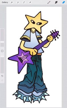 an image of a cartoon character holding a purple guitar and wearing blue jeans with spikes on his feet