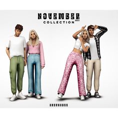 three people standing next to each other wearing different colored pants and shirts with the words november collection on them