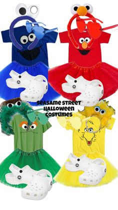 sesame street halloween costumes for toddlers and older children, all in different colors with faces on them