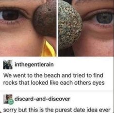 two pictures of someones eyes with rocks in the middle and one is looking at them