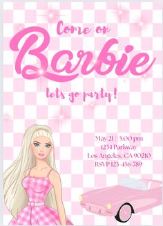 a pink and white barbie birthday party card