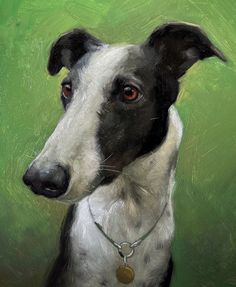 a painting of a black and white dog on a green background