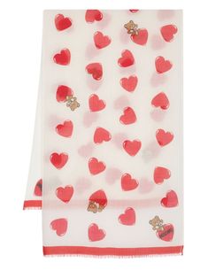 red/multicolour wool lightweight construction heart print Teddy Bear and logo heart prints contrasting trim wraparound style rectangle shape frayed edge Logo Heart, Heart Prints, Logo Scarves, Contrasting Trim, Printed Silk Scarf, Embroidered Heart, City Dress, Demi Fine Jewelry, Wool Scarf