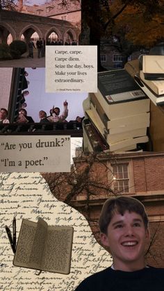 collage of images with books and words on them