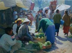 a painting of people shopping at an outdoor market