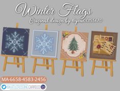 three eases with paintings on them and the words winter flags