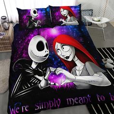 a bed with two cartoon characters on it and the words we're simply meant to be