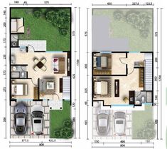 two story house plans with garage and living room in the middle, from top to bottom