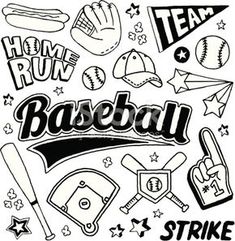 a black and white drawing of baseball related items