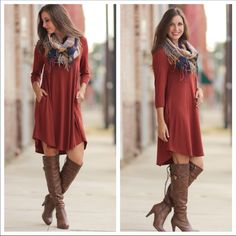 3/4 Sleeve Tunic Rust Colored Dress With Pockets! Dress Is Ready To Be Shipped. Bust S-17” M-18” L-19” Length S-38” M-39” L-40” Material 67% Polyester 28% Rayon 5% Spandex Fall Dresses With Boots, Rust Colored Dress, Dresses With Boots, Rust Color Dress, Cute Floral Dresses, Cute Country Outfits, Sleeveless Floral Dress, Mid Dresses, Country Outfits