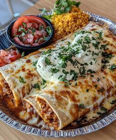 a plate filled with mexican food and salsa