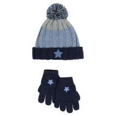 Get ready for the winter cold ahead with this fun, trendy set of hat and gloves. They will keep him warm and keep him stylish all season long! Color: beige/blue. Gender: male. Age Group: kids. Warm Blue Beanie For Winter, Navy Hats For Winter Cold Weather, Navy Adjustable Hat For Winter, Adjustable Navy Winter Hat, Blue Winter Beanie For Outdoor Use, Blue Winter Beanie For Outdoor, Navy Adjustable Winter Hat, Playful Blue Winter Beanie, Blue Winter Outdoor Beanie