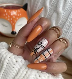 Fall Thanksgiving Nails, Halloween Acrylic Nails, Fingernail Designs, Sassy Nails, Fall Gel Nails, Pumpkin Nails, Cute Nails For Fall, Plaid Nails, Gel Nails Diy