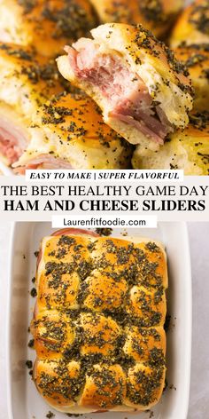 the best healthy game day ham and cheese sliders are on this white platter