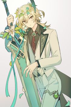 an anime character with long blonde hair holding a blue and green object in his hand