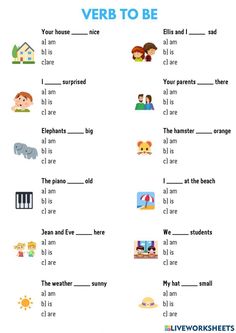 the verb to be worksheet with pictures and words on it, including an image of