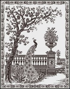 a black and white drawing of a peacock sitting on a fence next to a tree