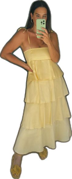 Elegant Yellow Midi Dress With Ruffle Hem, Elegant Tiered Spaghetti Strap Dress For Spring, Elegant Spring Tiered Dress With Spaghetti Straps, Spring Elegant Tiered Dress With Spaghetti Straps, Elegant Tiered Dress With Spaghetti Straps And Ruffle Hem, Yellow Spaghetti Straps Midi Dress For Evening, Yellow Spaghetti Strap Midi Dress For Evening, Chic Yellow Tiered Dress, Chic Yellow Tiered Skirt Dress