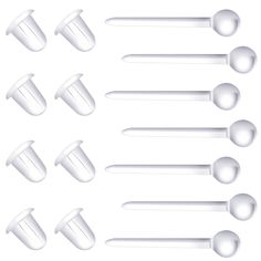 a set of spoons with different shapes and sizes, all in white plastic on a white background