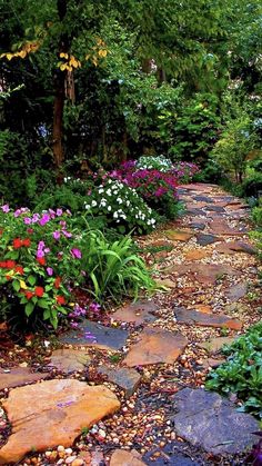 a stone path surrounded by flowers and trees