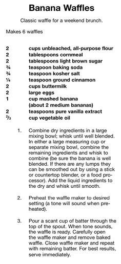 the instructions for banana waffles are shown in black and white, with text below