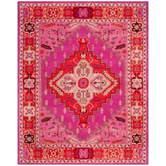 a pink and red rug with an intricate design on the center, in front of a white background