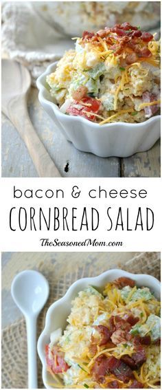 bacon and cheese cornbread salad in a white bowl