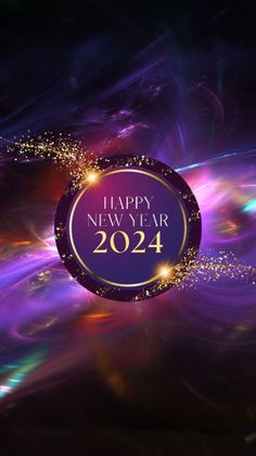 the happy new year logo is shown in purple and blue colors with sparkles around it